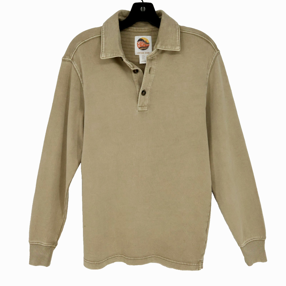 C&C California Polo Shirt Mens Small Beige Tan Vintage Wash Cotton Blend Long Sl